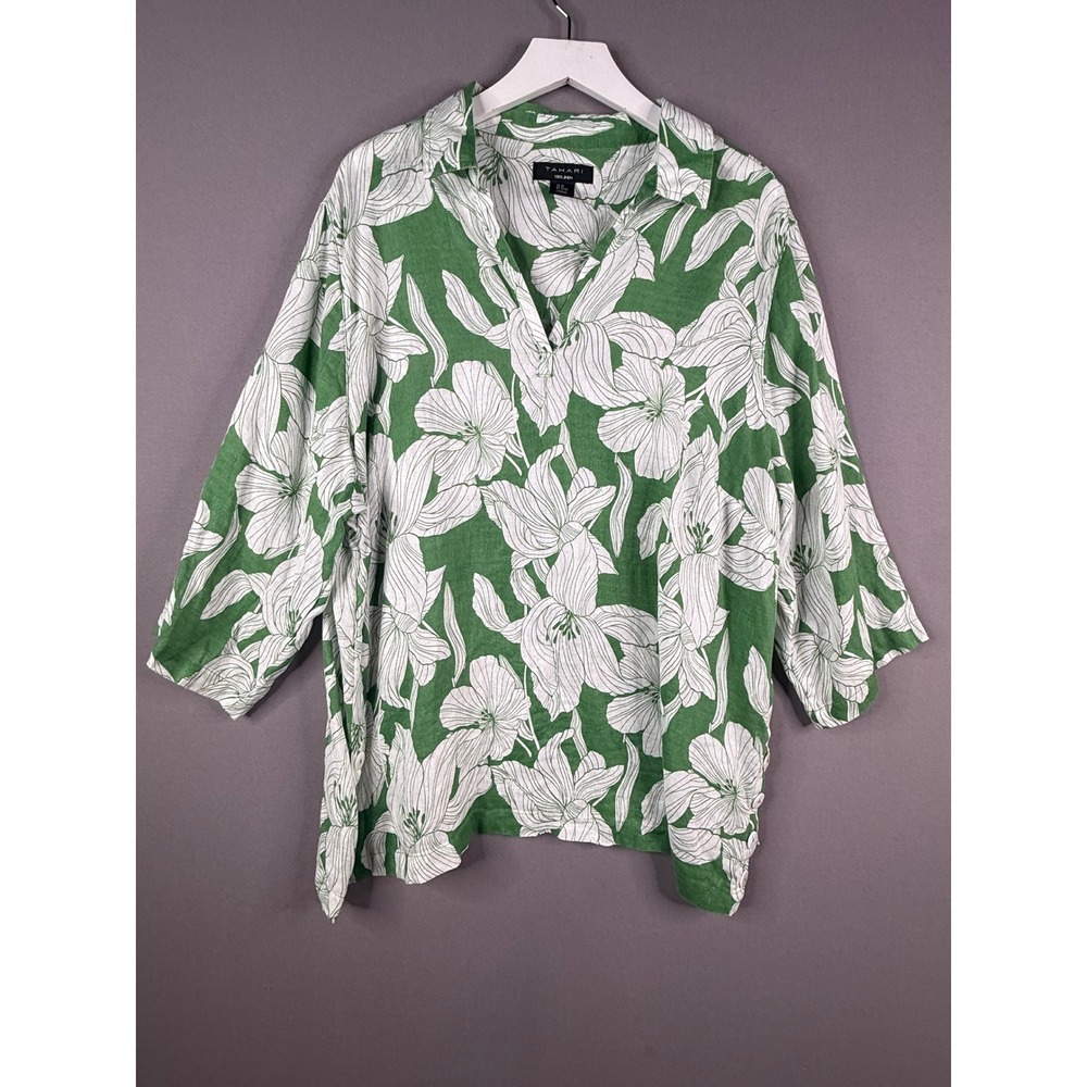 Tahari Linen Tunic Women 2X Green Floral‎ 3/4 Sleeve V-Neck Top Buttons Beachy